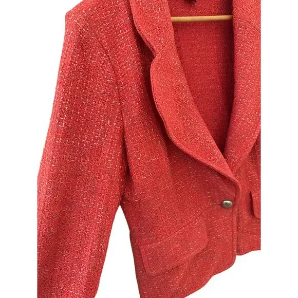 St. John Metallic Single Button Tweed Blazer‎ Coral Size 12